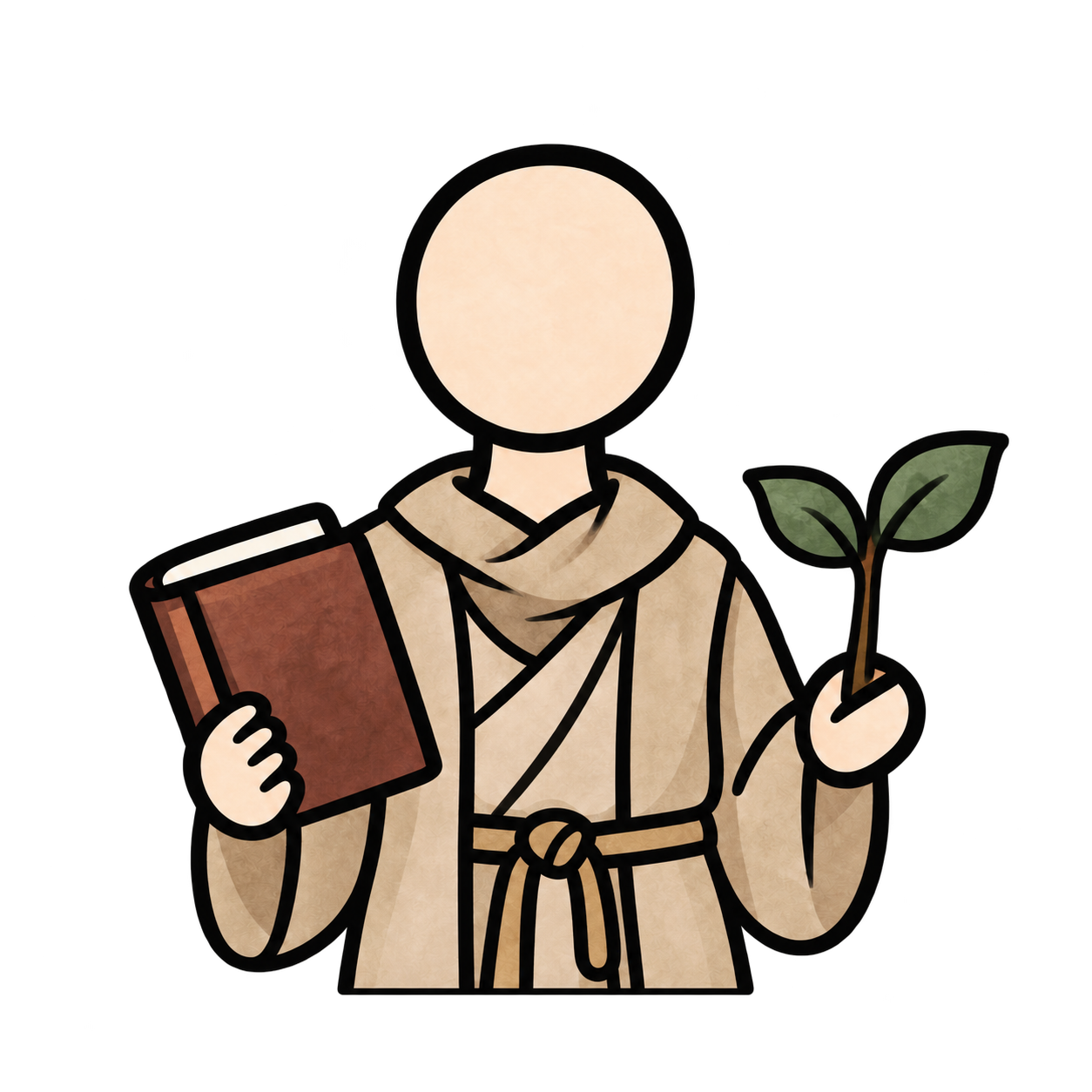 A robed figure holding a book and a growing sprout.